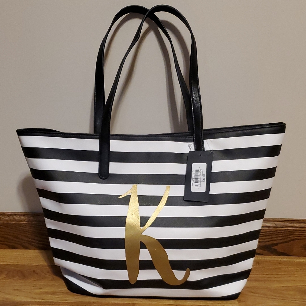 Chateau International Black and White Striped Tote Bag with Gold K Monogram NWT
